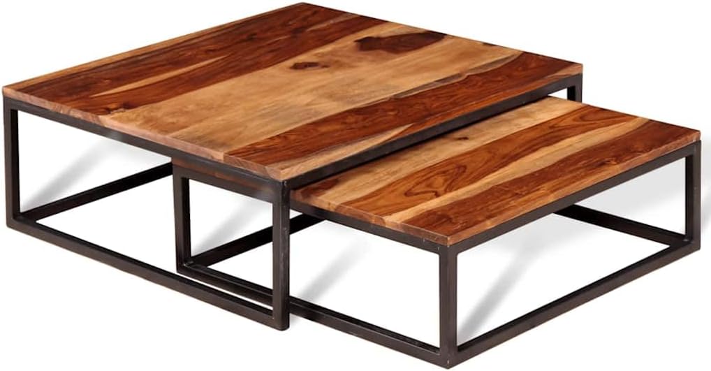 2 Piece Nesting Coffee Table Set Solid Acacia Wood | Retro Industrial Style, Metal Frame, Space Saving, for Living Room Bedroom