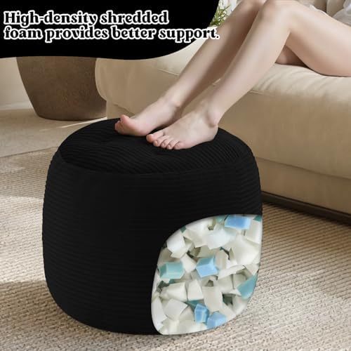 MeMoreCool Round Pouf Ottoman 20x15 Inch, Corduroy Floor Footstool, Black | Soft Foam Chunk Filled Floor Pouf, Comfy Foot Rest for Couch, Living Room, Bedroom, Kids Room