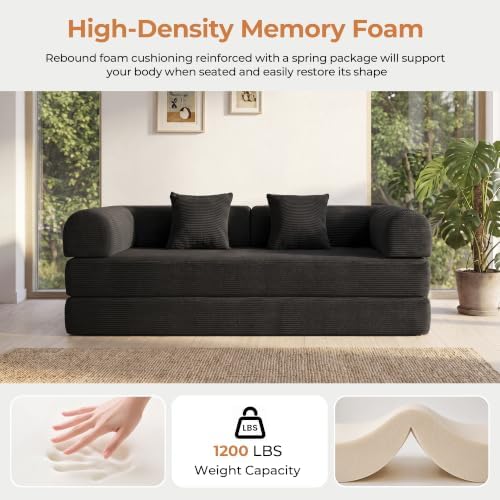79" Convertible Futon Sofa Bed, Couch for Living Room | Corduroy Loveseat Sleeper Sofa, Modular Futon Couch with Fixed-Shape Frame, Pull Out Couch No Assembly | Black