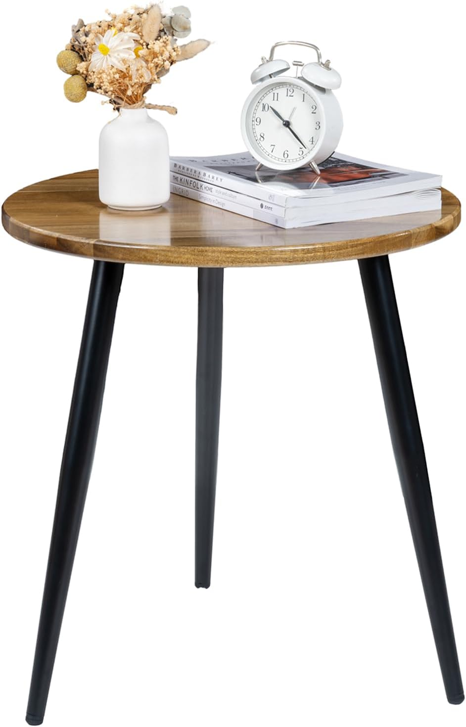 MyGift 20.5 Inch Mid Century Round End Table, Premium Acacia Solid Wood Accent Side Table with Black Metal Tapered Legs