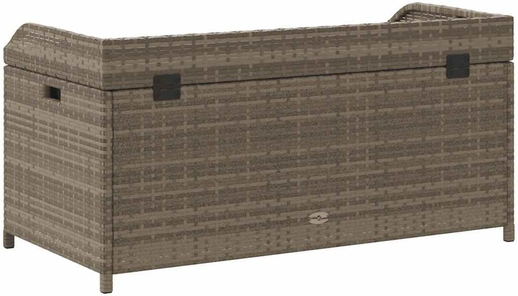 Storage Bench, Rectangular Deck Box for Indoor and Outdoor Use, Synthetic Poly Rattan and Acacia Wood Seating, Gas Spring Lid, Grey, 39.4 x 19.7 x 20.5 Inch