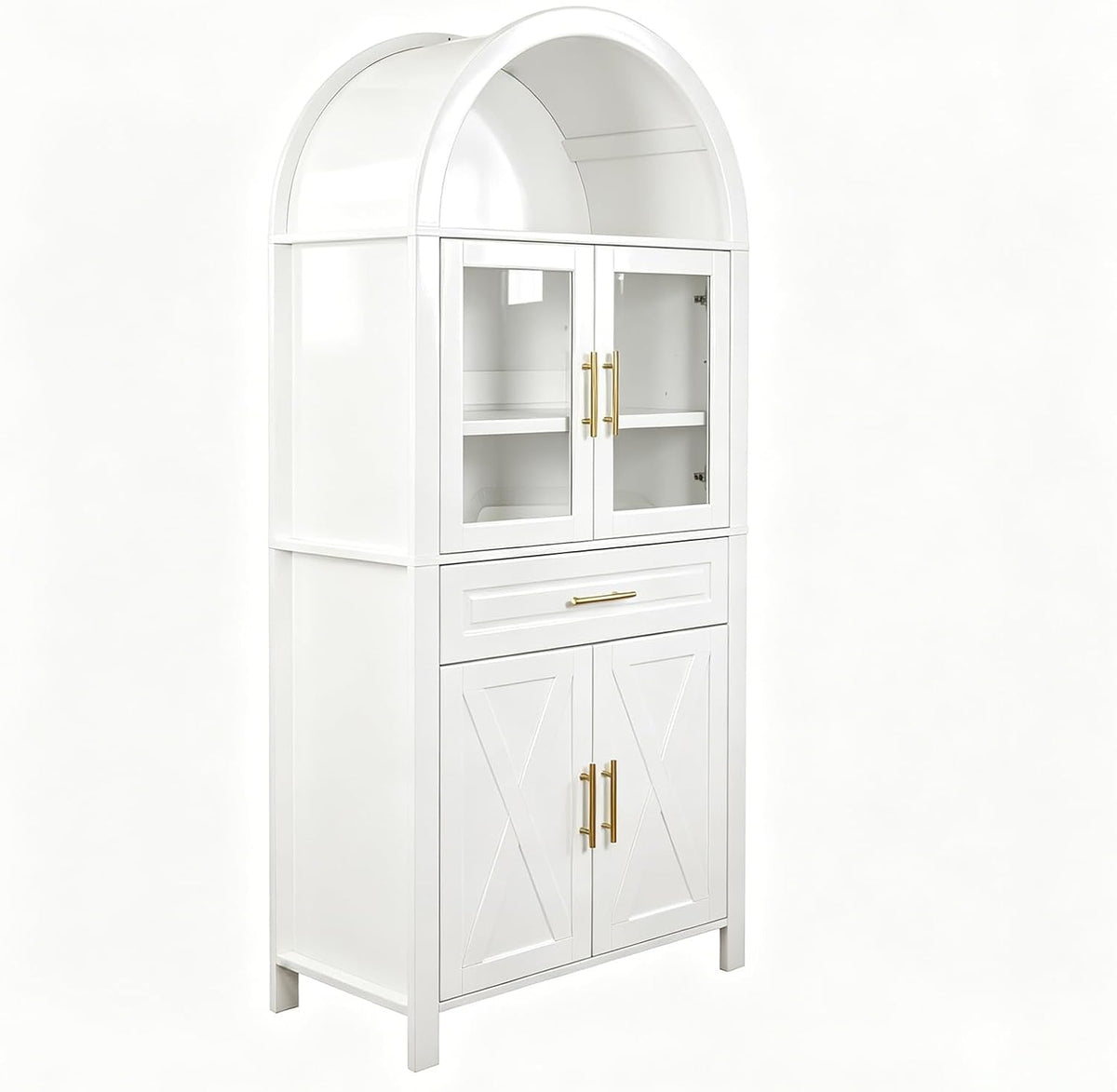 71" Tall Arched Kitchen Pantry Cabinet with Glass Doors - Farmhouse Storage Cabinet with Adjustable Shelves & Barn Door Design - Freestanding Cupboard for Kitchen, Dining & Living Room (White)