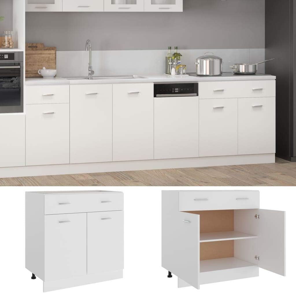 White Engineered Wood Drawer Bottom Cabinet with Shelf Storage, Modern Scandinavian Design for Kitchen Organization and Easy Assembly, Durable Furniture for Compact Spaces