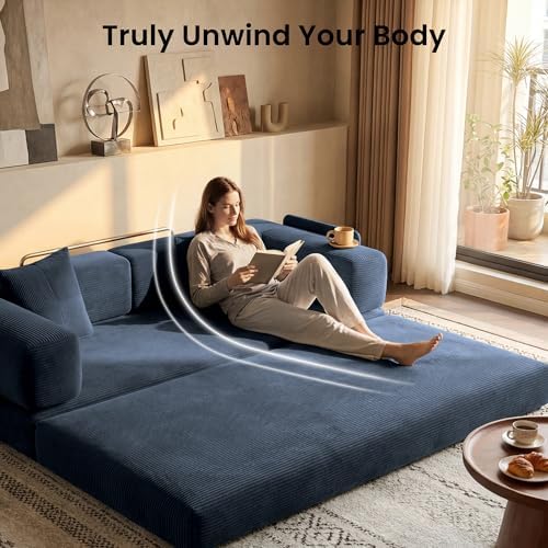 78.8" Convertible Futon Sofa Bed, Couch for Living Room | Corduroy Loveseat Sleeper Sofa, Modular Futon Couch with Storage Pocket, Pull Out Couch No Assembly | Royal Blue