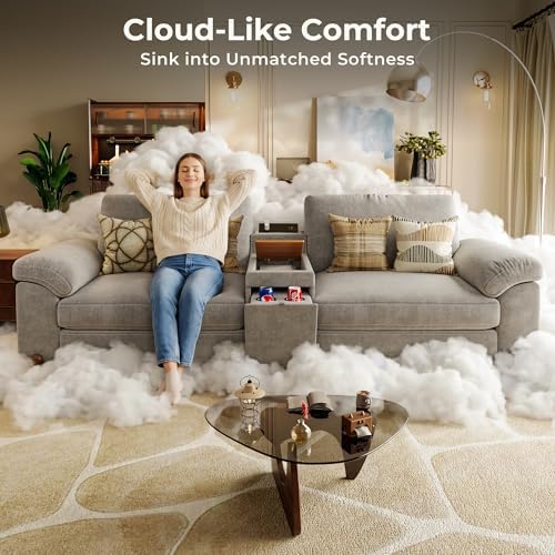SITJOY Cloud Couch Sectional, 6 Seater V-Shaped, Chenille in Light Gray | Detachable and Washable Cover, Sectional Sofas for Living Room, Deep Seat Wide Couch with Chaise, Storage Ottoman