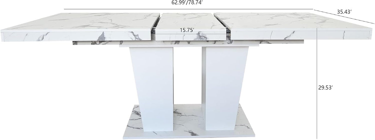 78.74'' Extendable Rectangular Dining Table for 4-8, Modern Mid-Century Wood Expandable Kitchen Dinner Conference Table for Living Room Office, 2 Widen Pedestal Base, White Faux Marble