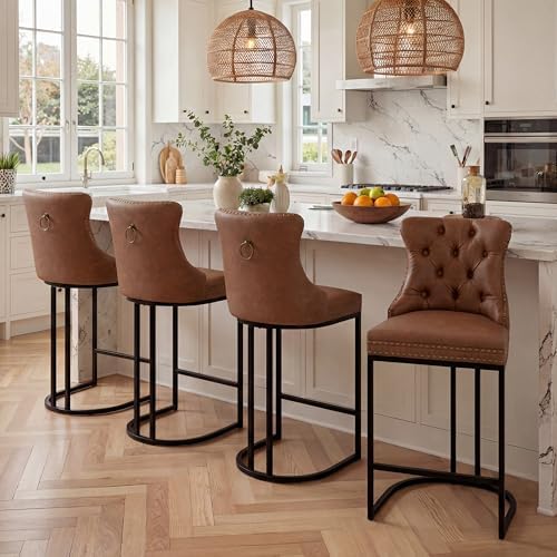 AQO Counter Height Bar Stools Set of 4 for Kitchen Island, Modern Bar Stools with Backs, 26 Inch Barstools with Upholstered Faux Leather Seat and Footrest, Brown