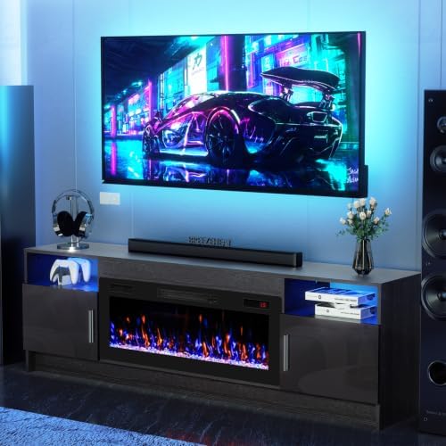 BREEZEHEAT Electric Fireplace TV Stand with 36 inch Fireplace Up to 80" TVs-Led Entertainment Center with High Glossy Doors-70 inch TV Cabinet, Modern Media Console for Living Room(Black)