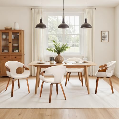 Zouron Fabric Dining Chair, Upholstered Chair with Armrest, Accent Chairs with Wood Legs for Kitchen Dining Room Desk, Walnut Wood Veneer, Beige Fabric