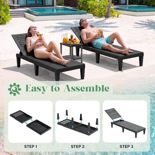 NUNU LAB Outdoor Chaise Lounge Chairs Set (Black, 2pcs) | 5-Positions Adjustable, HDPE Resin, All-Weather, Ideal for Patio, Garden, Poolside, Beach. Sunbathing Recliner, Tanning Chair