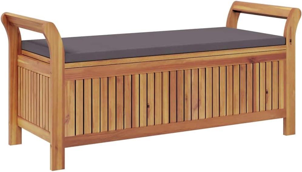 Solid Acacia Wood Garden Storage Bench with Cushion, 49.6 Inch Outdoor Patio Bench with Curved Arms and Ample Storage Space for Pillows and Blankets