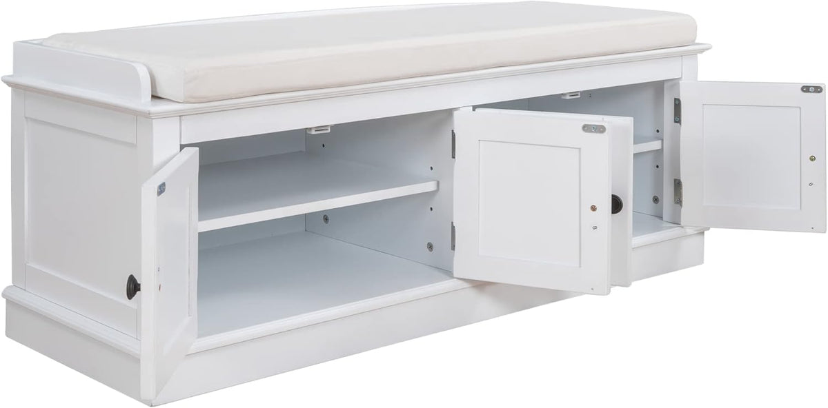GDFStudio Jasd Storage Bench with 4 Doors and Adjustable Shelves, Removable Cushion Bench Ottoman, Solid Wood Frame Storage Ottoman, Rectangular Cabinet with Seating for Living Room Entryway, White