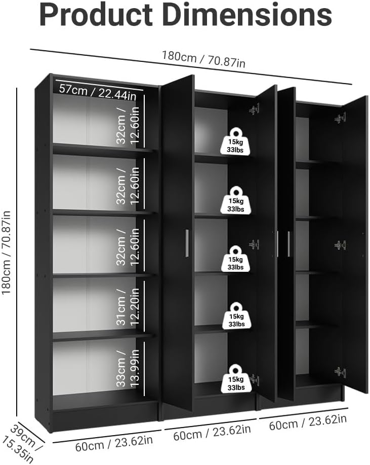 Madesa Kitchen Set 3 Pantry Storage Cabinet with 15 Utility Shelves 71'L Wooden Organization Unit for Kitchen - Black