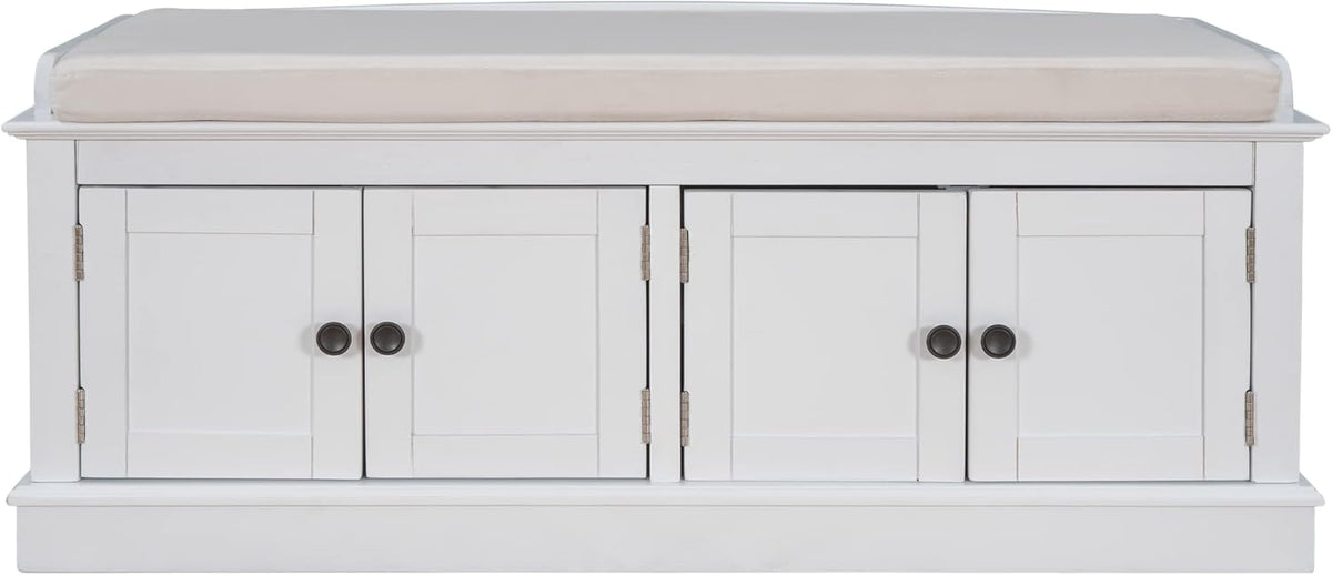 GDFStudio Jasd Storage Bench with 4 Doors and Adjustable Shelves, Removable Cushion Bench Ottoman, Solid Wood Frame Storage Ottoman, Rectangular Cabinet with Seating for Living Room Entryway, White