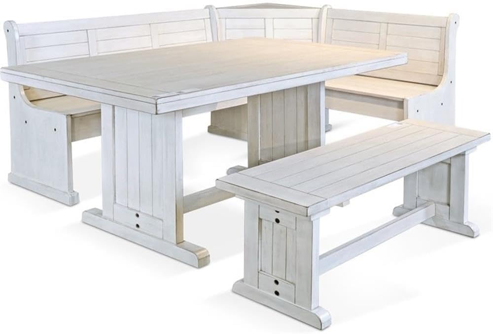 Pemberly Row 75" x 56" Farmhouse Wood Breakfast Nook Set with Table, Storage, Reversable Benche, L-Shaped Corner Bench, for Dining Room, in Marble White Finish