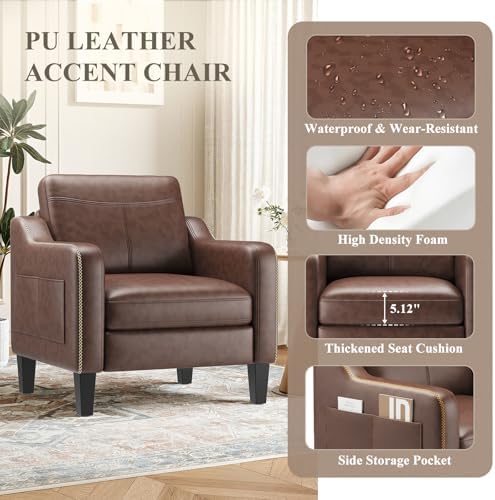 MALOL PU Leather Accent Chair Set of 2, Mid-Century Modern Living Room Armchair Sofa with Removable Cushions & Stitched Armrest Design, Bedroom Chair with Plastic Legs, Chocolate Brown