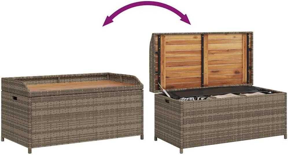Poly Rattan Storage Bench with Acacia Wood Frame, Grey and Brown Outdoor Seating with Gas Spring Lid, Water-Resistant Patio Storage for Cushions and Tools