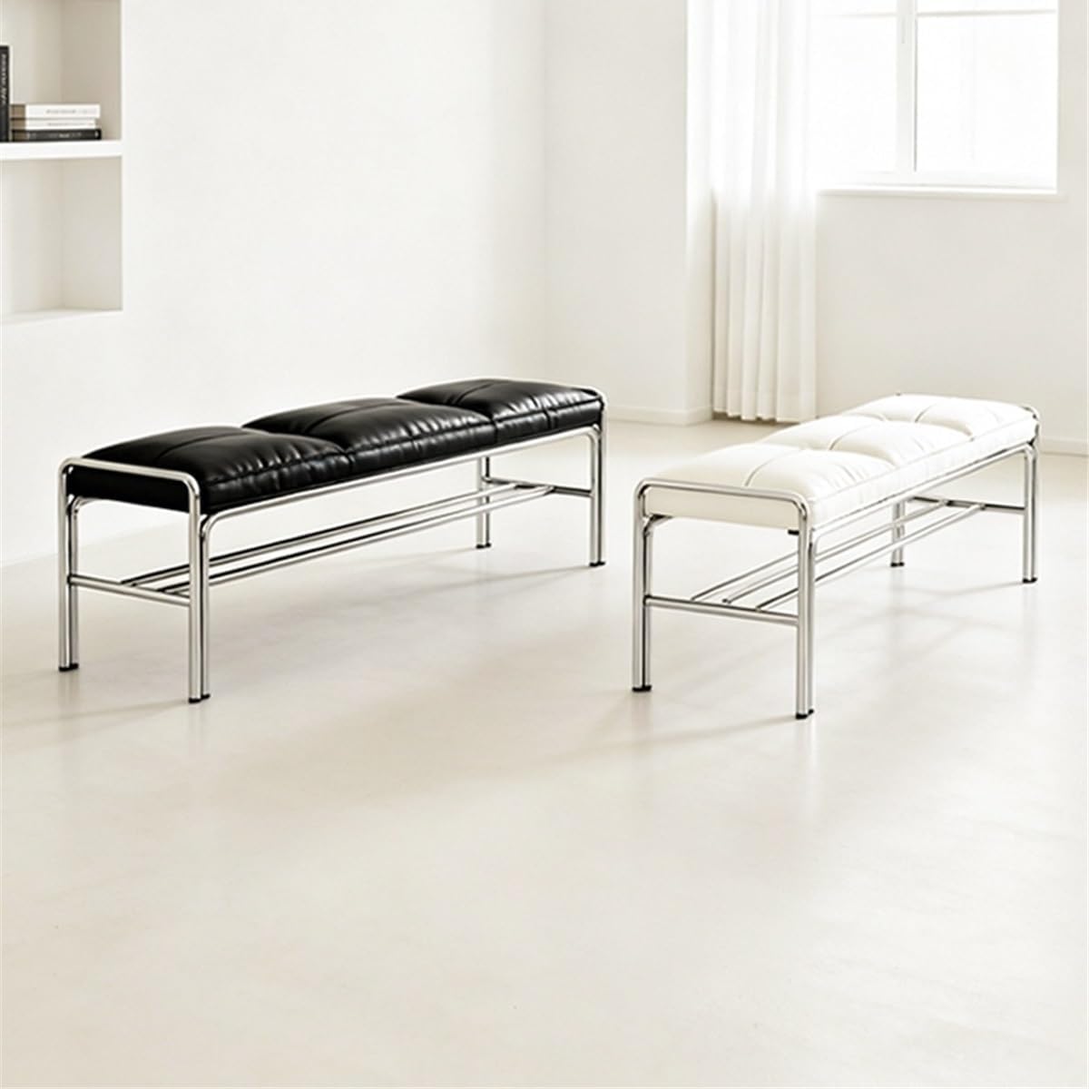 Modern Stainless Steel Long Bench with White Leather Cushion Home-use Soft-Padded Shoe Changing Stool Entryway(XS)