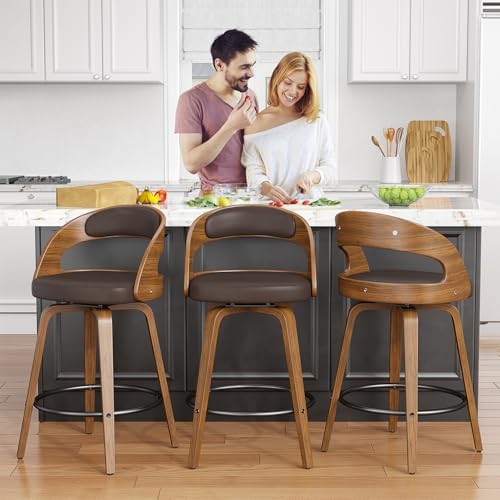 REONEY Swivel Bar Stools Set of 3, 26" Counter Height, Brown | Walnut Wood Legs, Upholstered Seat, Supportive Backrest, Mid-Century Modern, PU Leather, for Kitchen Island, Bar, Coffee Shop