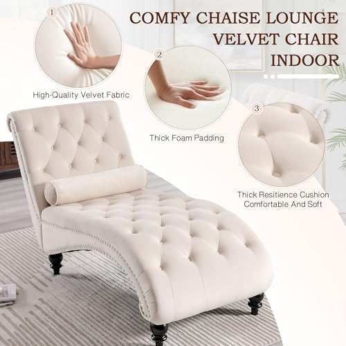 SLEERWAY Chaise Lounge Chair Indoor, Modern Velvet Upholstered Sofa with Solid Wooden Leg and Lumbar Pillow, Button Tufted Sleeper Chaise Lounge Chairs for Bedroom Living Room Office, Beige