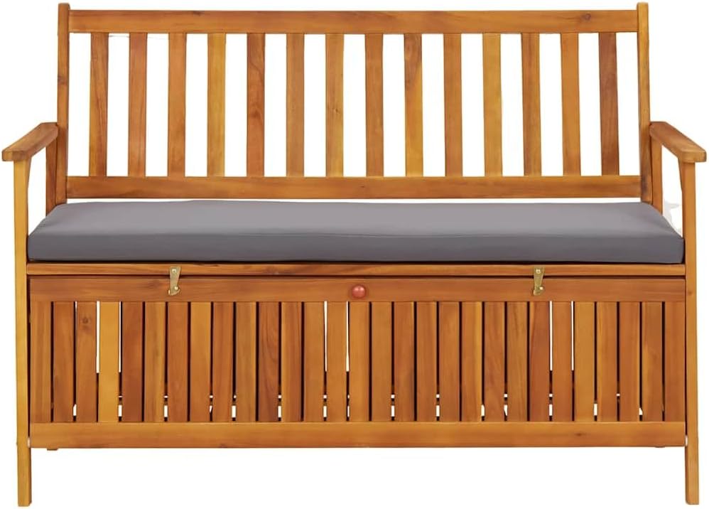 Patio Storage Bench with Cushion, 47.2 inch Outdoor Garden Seating, Solid Acacia Wood Furniture for Backyard, Porch, Deck, Gray