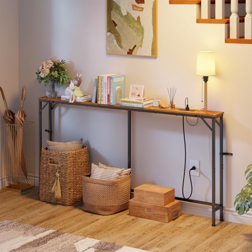keomaisyto 63 Inch Narrow Console Table with 3-Color Adjustable Light and Charging Station, Sofa Table Behind Couch with 2 AC Outlets USB & Type-C Port, Extra Long Entryway Table, Rustic Brown