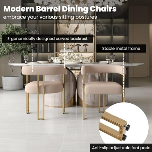 Khaki Velvet Barrel Dining Chairs Set of 2, Modern Upholstered Dining Room Chairs with Gold Metal Legs&Armrest, Boucle Dining Chair Kitchen Chair for Restaurant Banquet