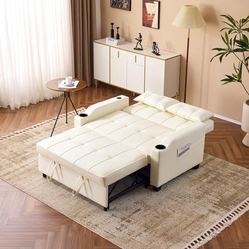 VINGLI Convertible Loveseat Sleeper Sofa Bed, Pullout Couch for Living Room | Beige Futon Sofa Bed, Faux Leather Pull-Out Couch Bed with USB Ports, Cup Holders for Small Space, Apartment, Office