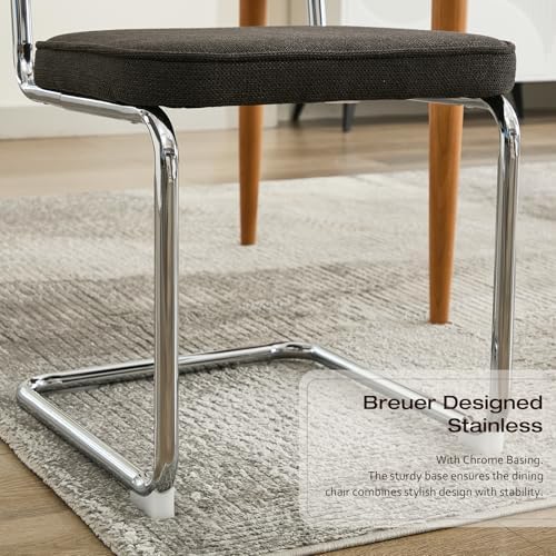 Rattan Back Linen Dining Chair Set of 4 Modern Breuer Designed Stainless Chrome Base Armless Upholstered Dining Chair for Dining Room, Kitchen Island(Black)