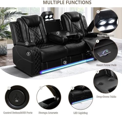 Power Recliner Sofa Set, Breathing Leather Reclining Couch Set, 3 Piece Living Room Furniture Set with LED Lights/Charging Ports/Storage for Home/Office (Black, Sofa+Loveseat+Chair)