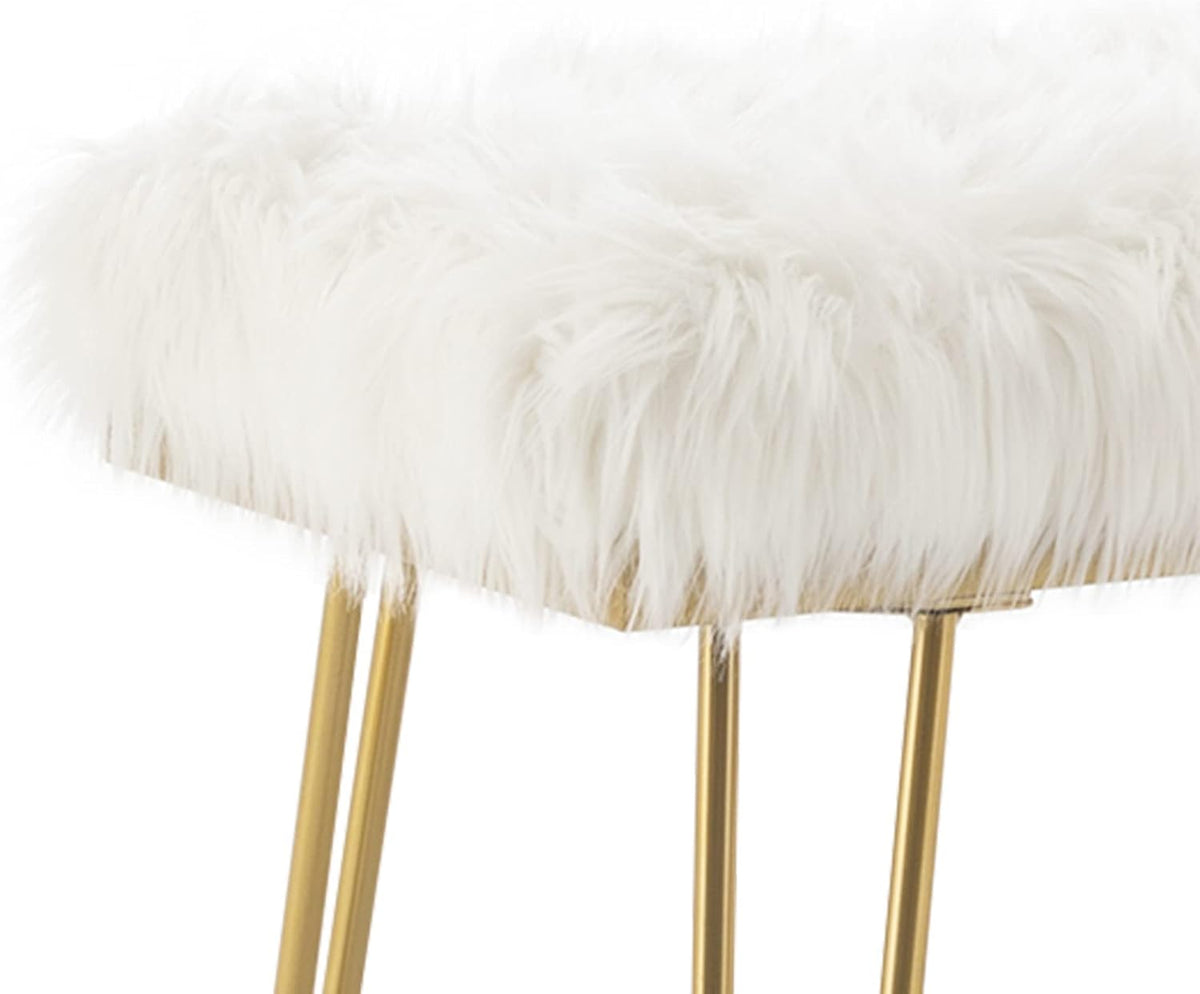 White Faux Fur Ottoman Bench Upholstered Furry Entryway Bedroom Bench with Gold Metal Legs, Modern Contemporary Long Bench Ottoman Hair Foot Rest Stool for Entryway, Living Room, Bedroom