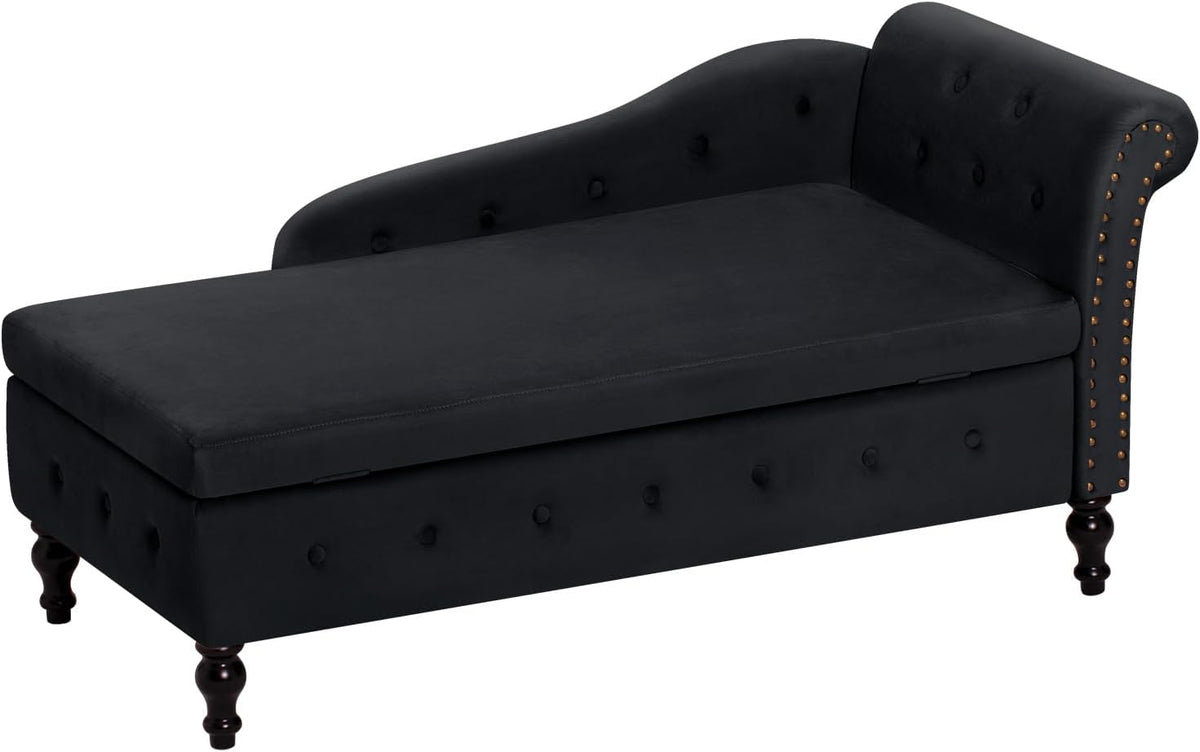 Chaise Lounge with Right Armrest & Lumbar Pillow,Button Tufted Lounge Sofa with Storage,Lounge Chair Indoor,Modern Upholstered Velvet Lounge Chair for Bedroom, Living Room and Office,Black