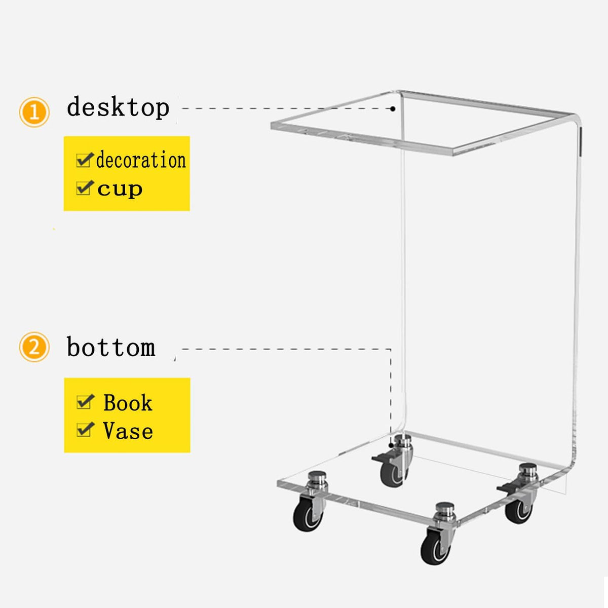 Acrylic Clear Movable End Table -26" h C-Shaped Modern Rolling Bedside/Sofa Side Table, Ideal for Bedroom and Living Room as a Snack Table