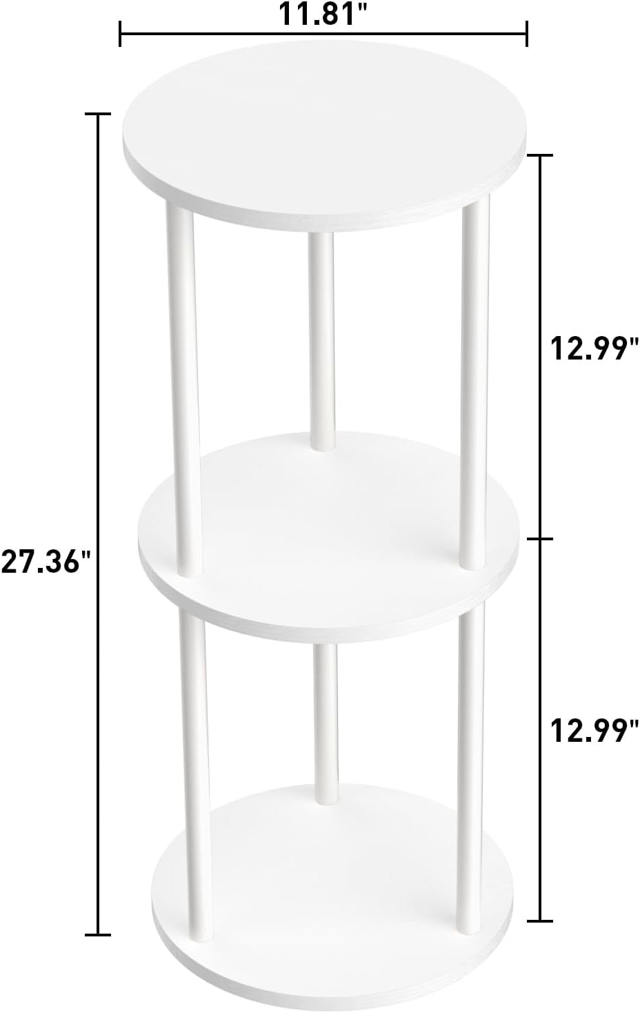 11.8'D Round Drink Table - 3-Tier Small Side Table with Wood Legs, End Table for Small Space, Balcony & Office | Space-Saving, Multi-Functional (Plants, Books, Drinks), White
