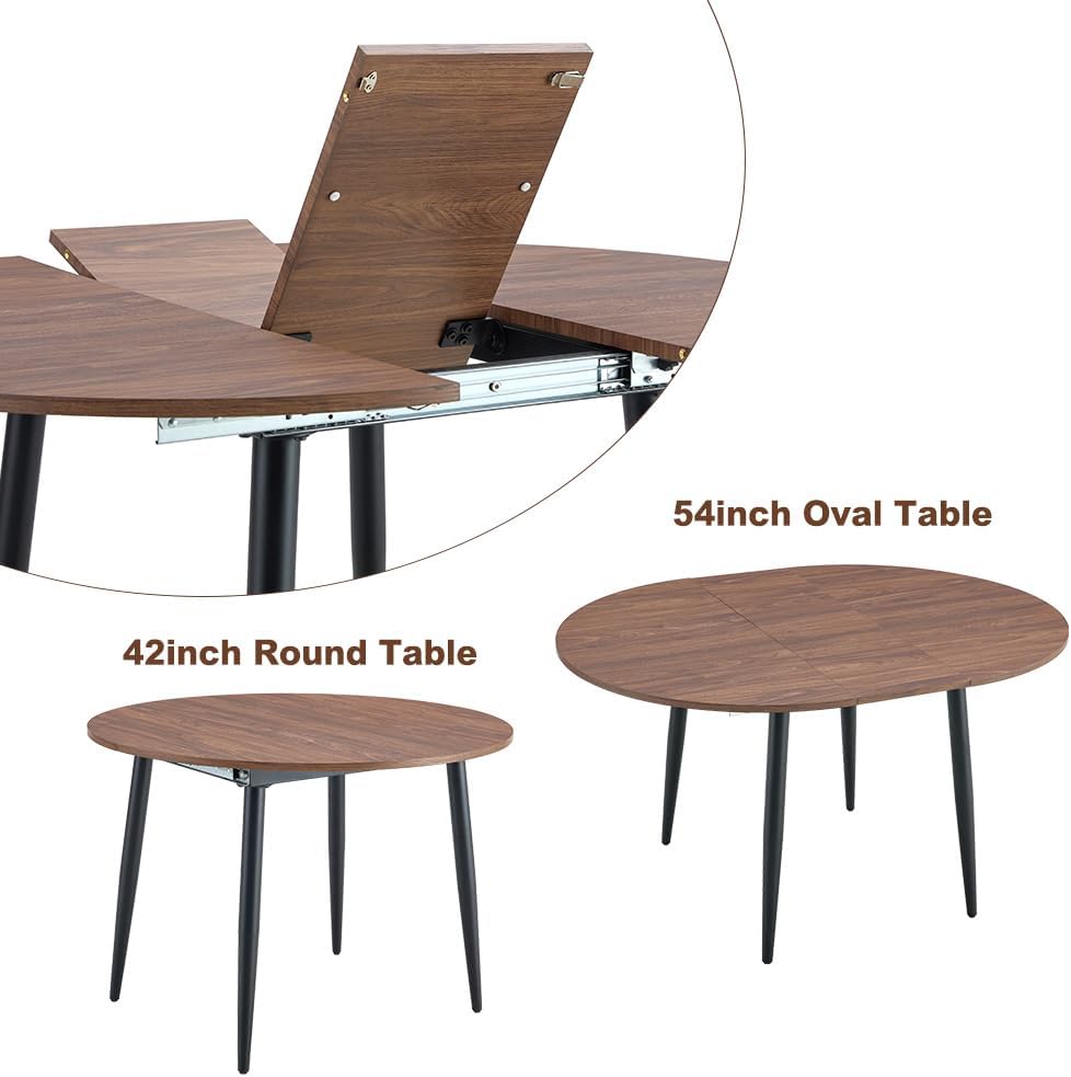 FURNITO Round Dining Table Set for 6, 42"-54" Extendable Dining Room Table with 6 Linen Fabric Chairs, Mid Century Modern Dining Set for Small Space (Walnut Table + 6 Dark Grey Chairs)