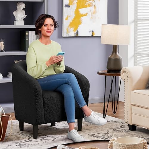 Yaheetech Small 25.5in Wide Sherpa Barrel Accent Chair for Bedroom, Black | Compact Cozy Barrel Chairs with a Curved Silhouette, Upholstered Furry Armchair for Small Spaces, Living Room Bedroom Corner