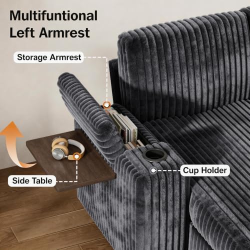 Vipbear 130" Modular Sectional Sleeper Sofa with Pull Out Bed, 9 Seat Corduroy L Shaped Couch with Ottoman and Chaise|USB Ports|Cup Holders|Side Table, Tool Free Assembly, Grey