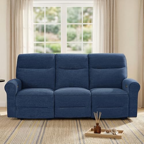 MCombo 87.8" Wall Hugger Power Reclining Sofa with Drop Down Table, 3-Seater Recliner Couch for Small Spaces Living Room RV, USB Ports, Fabric PR635M3 (Navy Blue)
