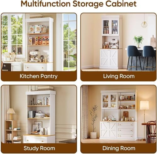 71" Farmhouse Kitchen Pantry Cabinet with Drawers, White Freestanding Coffee Bar Hutch with Microwave Stand, Large Storage Cabinet with Adjustable Shelves for Living Room and Kitchen