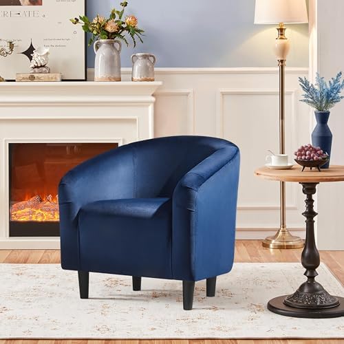 Yaheetech Small 25.5in Wide Velvet Barrel Accent Chair Bedroom, Navy Blue | Compact Cozy Barrel Chairs with a Curved Silhouette, Upholstered Furry Armchair for Small Spaces, Living Room Bedroom Corner
