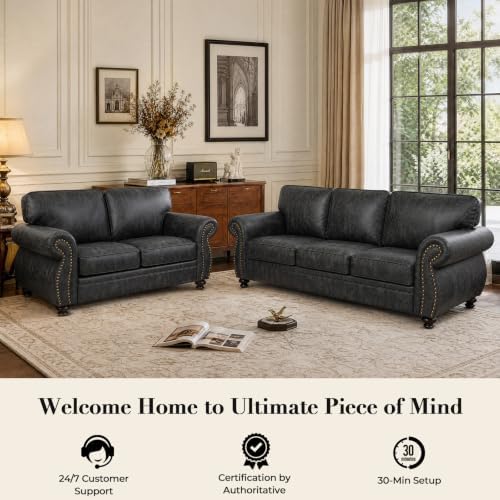 Couchus 88" W Living Room Furniture Sets, 3-Seater&Loveseat&Single, Grey | Faux Leather Fabric Sofa and Couch Sets, Mid-Century Sofa Set with Nailhead Trim