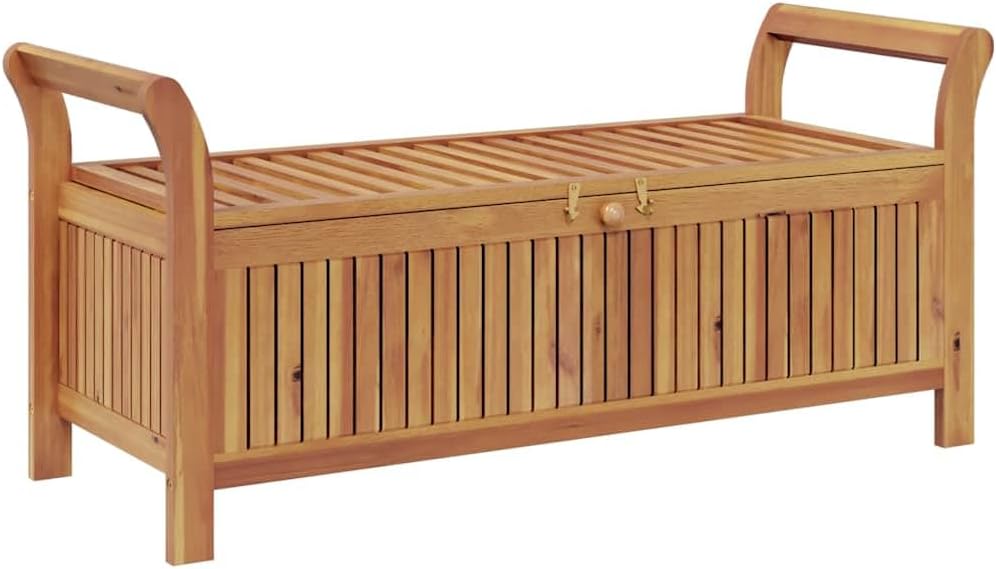Garden Storage Bench, Solid Acacia Wood Outdoor Storage Box Seat with Dark Grey Cushion, 2-Seater Patio Deck Furniture with Under-Seat Organizer, Brown Finish, 50in