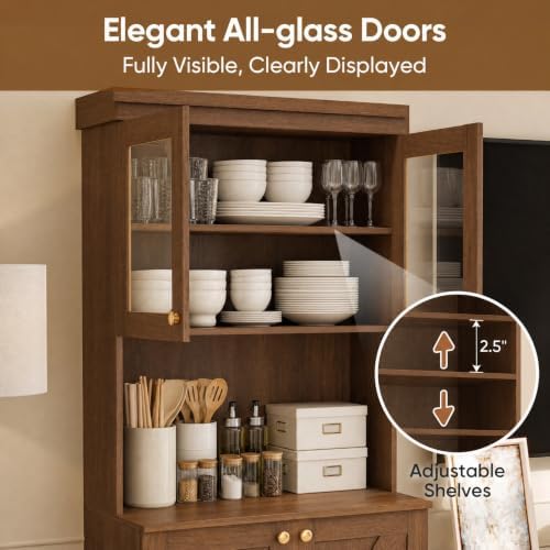 71" Farmhouse Kitchen Pantry Cabinet with Glass Doors, Set of 2 – Dark Brown Freestanding Coffee Bar Hutch with Adjustable Shelves, Large Storage Cabinet with Microwave Stand for Living Room & Kitchen