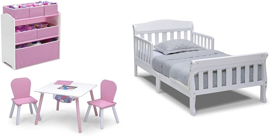 Delta Children 4-Piece Toddler Playroom Set, Pink/White & Canton Toddler Bed, White