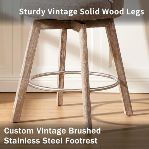 Swivel Counter Height Bar Stools,Barstools with Backs,Sand-Colored Bar Stools Set of 3,26'' Solid Wood Legs,Linen Fabric Thickened Seat Cushion Bar Stools
