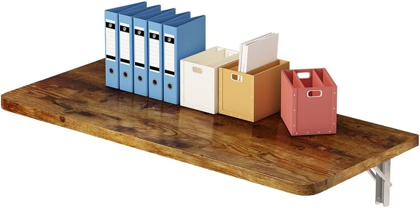 Rustic Wall Mounted Folding Table, Solid Wood Floating Desk with Stainless Steel Brackets, Space Saving Shelf for Home Office, Kitchen, Dining, Laundry Room (60X40cm / 23.63"X15.75")