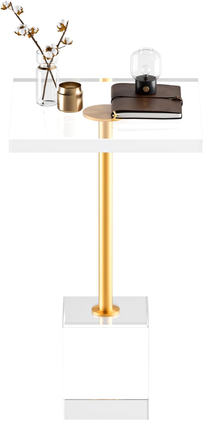 Acrylic Side Table, Acrylic End Table for Living Room Bedroom, Square Modern Side Tables with Brushed Brass Metal Support, Small Clear Drink Table/Nightstand (2pcs)