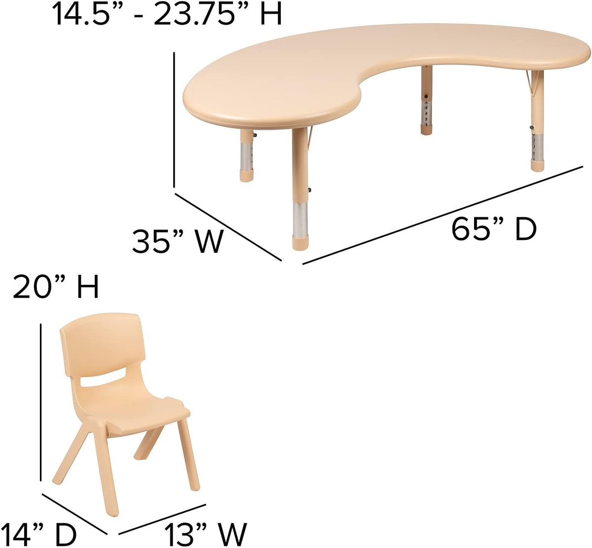 Flash Furniture 65x35 in Half-Moon Activity Table with 4 Chairs, Natural | Height Adjustable Table, Durable Construction, Commercial Use