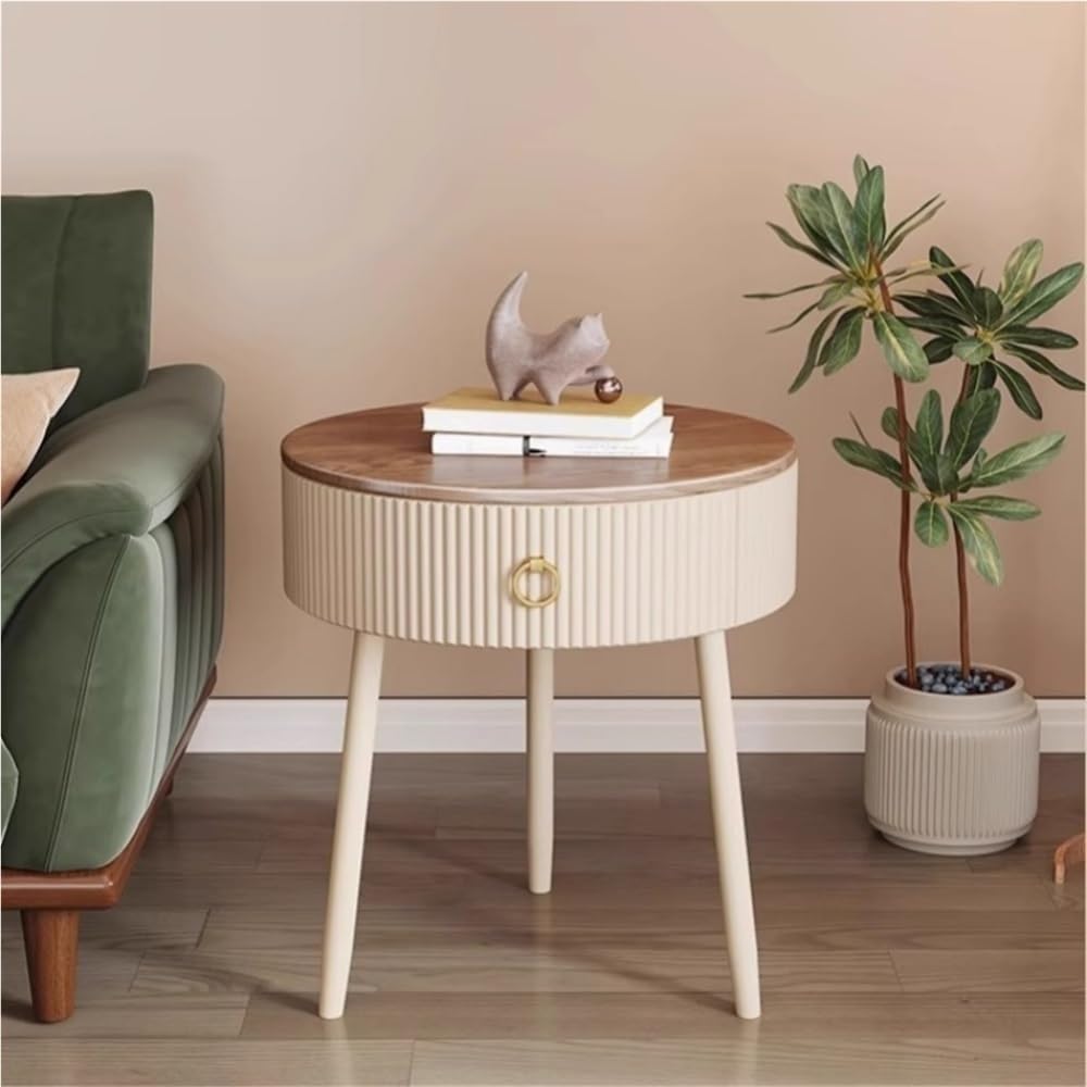 Modern Round End Table with Drawer Wood Double Storage Nightstand Side Table for Living Room Multi Scenario Use(Black,50cm)