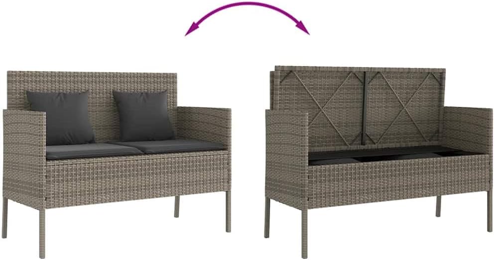Gray Patio Storage Bench with Cushion, PE Rattan Outdoor Seating with Waterproof Bag for Cushions and Towels